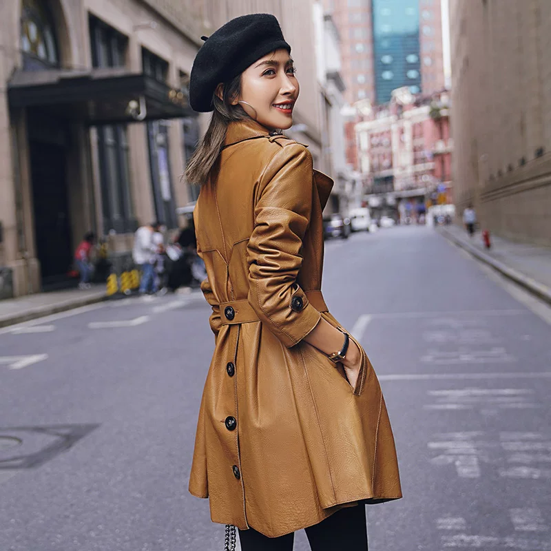 Belted printed lambskin leather trench coat