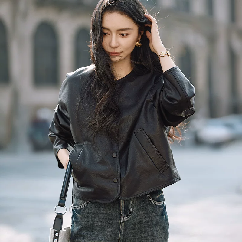 Vegetable tanned round neck leather jacket